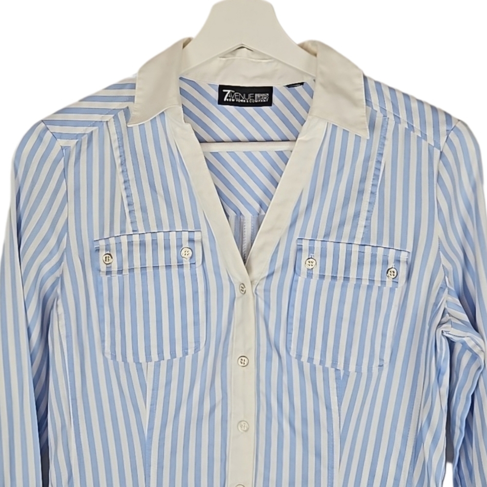 7th Avenue Classic Pinstripe Dress Shirt Light Blue, White Trim, Women's XS - Picture 2 of 6